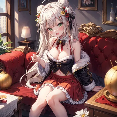 ((Highest quality)), ((masterpiece)), (detailed), the girl in a santa costume is sitting on the floor with all of her ornaments, 1girl, breasts, Virtual Youtuber, black ribbon, 独奏, long hair, hair bun, green eyes, cleavage, ribbon, sitting, double bun, nav...