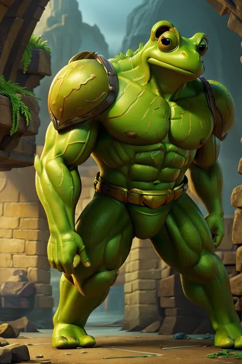 a giant muscular green frog prince, extremely detailed biceps, extremely detailed pecs, golden armor, fairytale, urban city background, highly detailed, 8k, photorealistic, dramatic lighting, cinematic, digital painting, vibrant colors, fantasy art, concep...