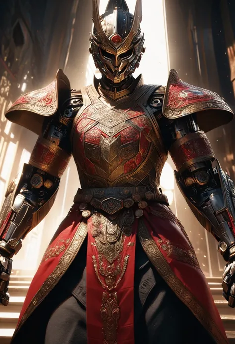 A detailed, cyborg-inspired kamen rider in traditional Indonesian costume, intricate ornate armor, lotus flower motifs, dramatic lighting, highly realistic, cinematic, award-winning digital art, 8K, photorealistic, volumetric lighting, hyper detailed