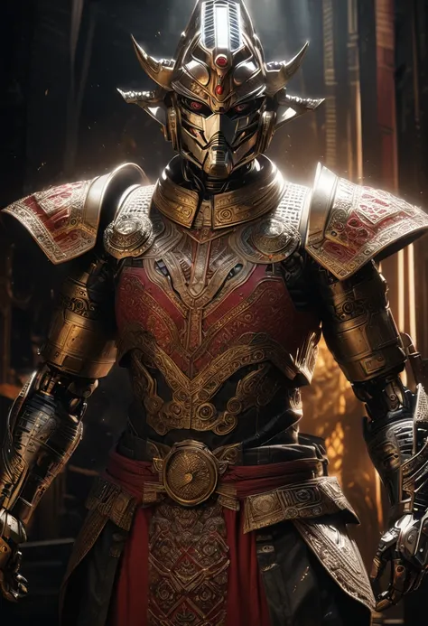 A detailed, cyborg-inspired kamen rider in traditional Indonesian costume, intricate ornate armor, lotus flower motifs, dramatic lighting, highly realistic, cinematic, award-winning digital art, 8K, photorealistic, volumetric lighting, hyper detailed