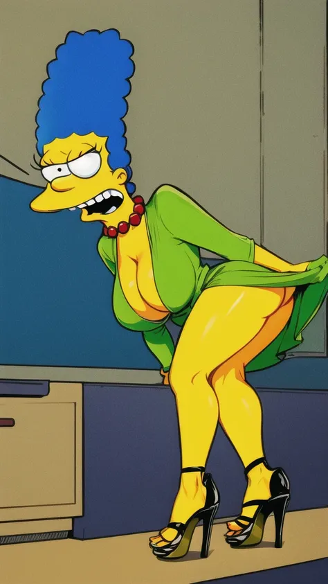 marge simpson, blue hair, red necklace, extra large breasts, cleavage, colored skin, yellow skin, green dress, angry, open-toe platform high heels, visible feet,  upskirt
