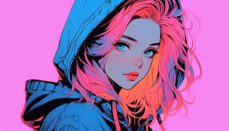 Illustrator, anime , Realistic ,sketch , 1 Girl, ,lip, hoodie,order, Blue gradient background, Neon Hair,Textured Trim, Canadian, (masterpiece,Highest quality)