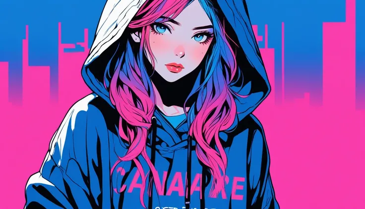 Illustrator, anime , Realistic ,sketch , 1 Girl, ,lip, hoodie,order, Blue gradient background, Neon Hair,Textured Trim, Canadian, (masterpiece,Highest quality)