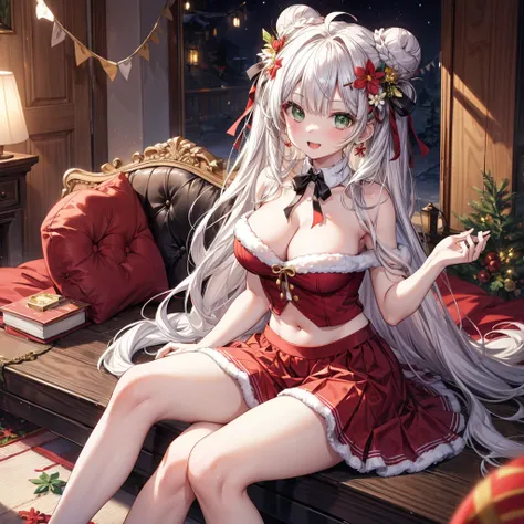 ((Highest quality)), ((masterpiece)), (detailed), the girl in a santa costume is sitting on the floor with all of her ornaments, 1girl, breasts, black ribbon, 独奏, long hair, hair bun, green eyes, cleavage, ribbon, sitting, double bun, navel, looking at vie...