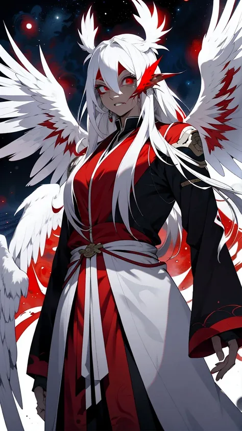 An intimidating and terrifying space tengu, height is 3 meters, The skin is red and hot, Long white hair, Angelic white wings, Dressed in monk&#39;s robes, top-heavy, Aggressive and ruthless.