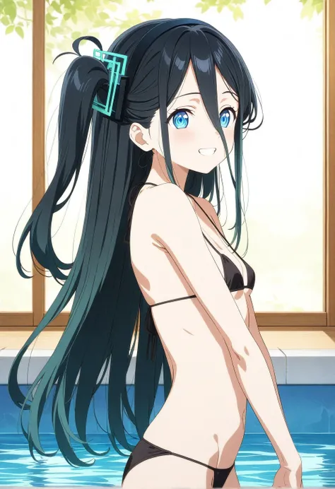 best quality, amazing quality, very aesthetic, absurdres, (1girl, aris, blue archive, solo, blue eyes, black hair,), (realistic face:0.9),(string bikini:1.8),dress lift, (grin, blush, thigh:1.3), (cowboy shot), (glowing eyes), (half closed eyes:0.9), (from...