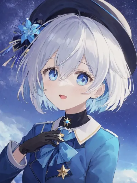 1girl, solo, blue_eyes, gloves, hat, looking_at_viewer, bow, blue_hair, open_mouth, white_hair, brooch, short_hair, flower, black_gloves, jewelry, hair_between_eyes, star_(sky), hat_bow, upper_body, ahoge, blue_theme, bangs, ascot, long_sleeves, blurry, bl...