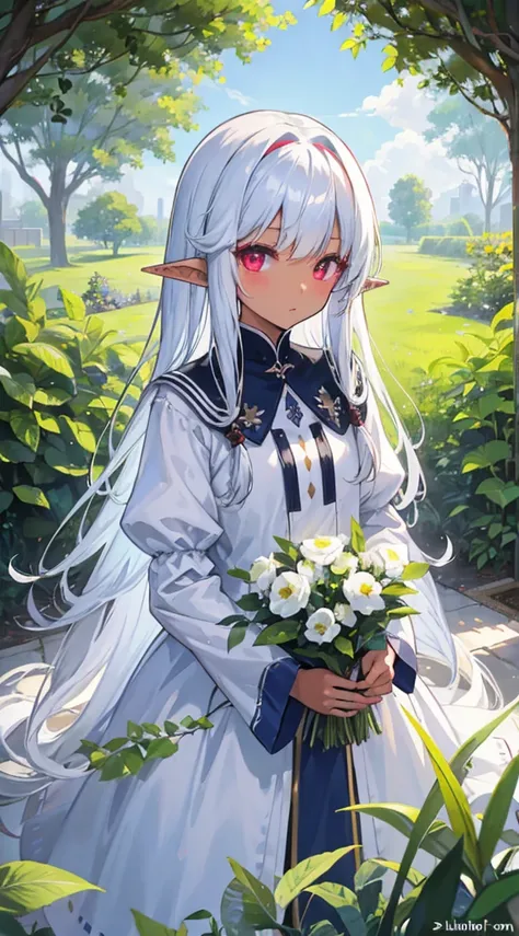 Long Hair、White Dress、sunlight、Fluffy bangs、14 years old、Dark Elf, Dark Skin, Pointed Ears, Navy Blue Hair、Red eyes、Kind eyes、Blushing、garden、Grass、leaf、green