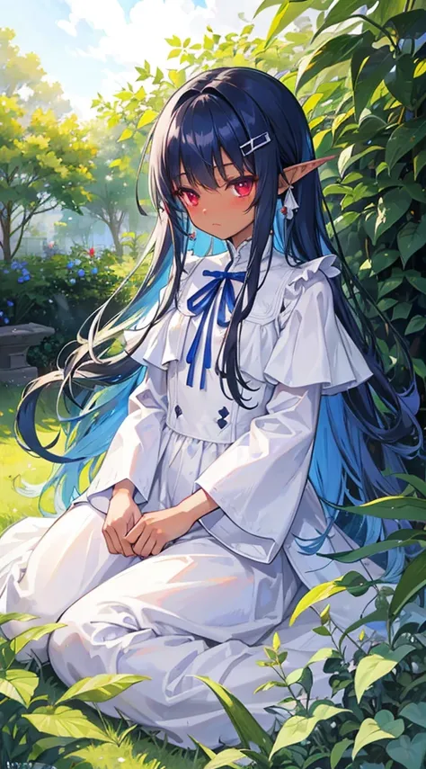 Long Hair、White Dress、sunlight、Fluffy bangs、14 years old、Dark Elf, Dark Skin, Pointed Ears, Navy Blue Hair、Red eyes、Kind eyes、Blushing、garden、Grass、leaf、green