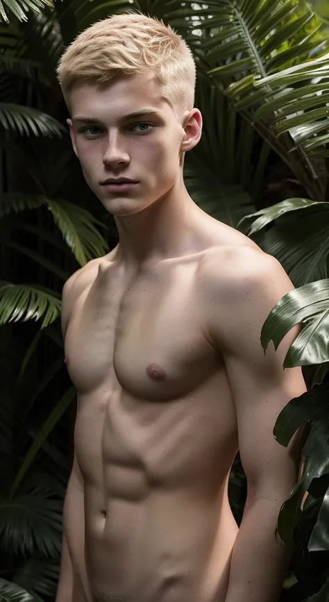 American teenager boy, 19 years old, Mitchell Slaggert, blonde , military haircut, zero buzzcut, sharp features, height 1.90, weight 88 kg, muscular build, broad shoulders, V-shaped body, no hair, naked in a lush dark jungle