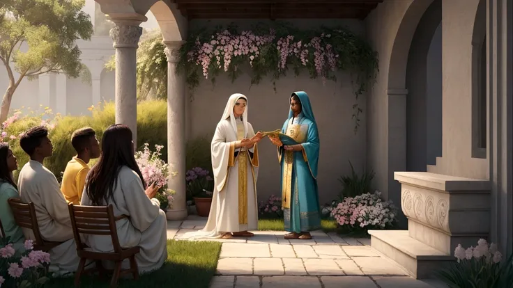 "Description: Illustrate a serene and heavenly scene where believers from diverse backgrounds are gathered in a tranquil garden within a celestial realm. Show them engaged in joyful activities such as worship, fellowship, and contemplation, symbolizing the...