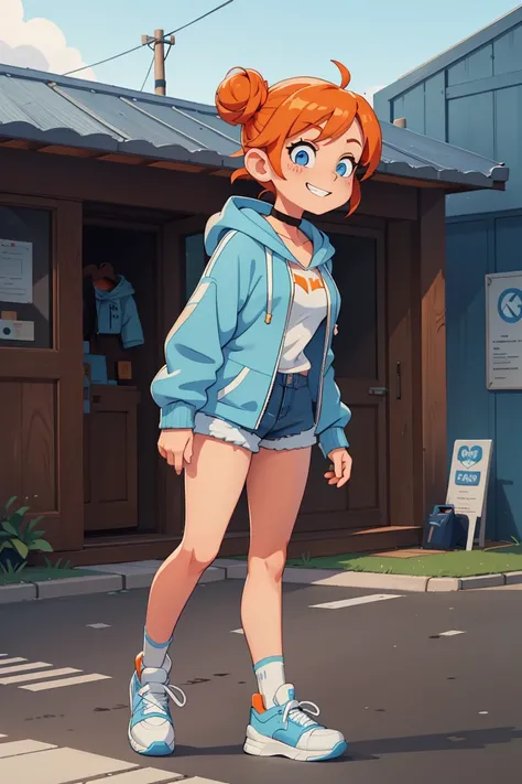 1girl, solo, orange hair, twin buns, blue eyes, eyeliner, light grin, medium breasts, white hoodie with light blue hood, black choker, denim shorts, light blue sneakers, frow below