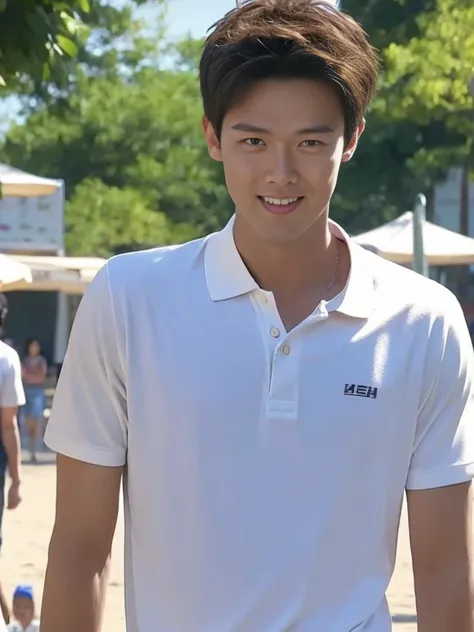 Aomine Daiki ,(Masterpiece: 1.2),(CGI art:1.3),(realistic:1.5),(post processing:1.3), (sharp focus:1.3), 1 person, smile, (White Polo Shirt), (jeans), Korean guy , korean men, (High gloss details), chest muscles, Big arm muscles, blood vessel, big muscles,...