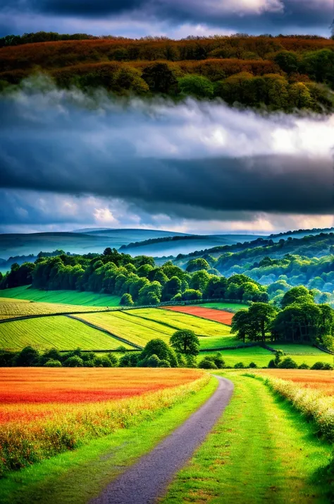 original landscape，sky and clouds，tyndall effect，a country road，colorful hot air balloon，tyndall effect，tyndall effect，high qual...