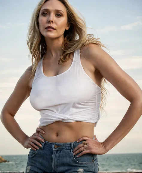 ultra realistic  photograph  of ( elizabeth olsen , sexy woman, 40yo woman, huge sagging breast ), ( blonde hair,busty woman, lo...