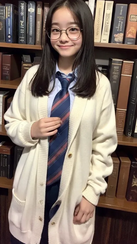 13 years old、cardigan、、white shirt、tie、the dark library、surrounded by bookshelves、library committee member、glasseiddle school st...