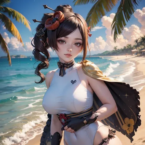 Chiori_(genshin impact), 1 girl, ornament hair, swim suit, gloves, wave hair, brown hair, beach scene, sea on focus, white swim suit, cape, more details on her clothes, sea, night, smiling, ornament hair, long hair, palm trees, Looking at the viewer, flowi...