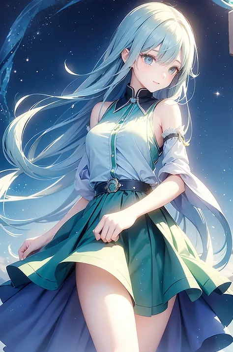 A girl with long blue hair, wearing a green shirt and skirt, using magic, cold face, magical and shimmering colors, magical and sparkling effects, panoramic view from distant