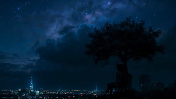 octans, sky, star (sky), scenery, starry sky, night, 1girl, night sky, solo, outdoors, building, cloud, milky way, sitting, tree...