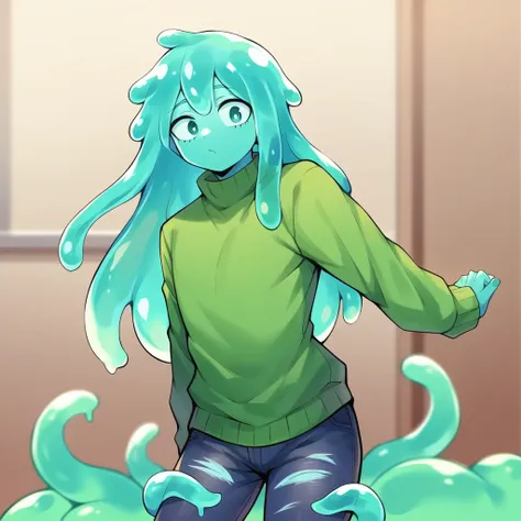 score_9, score_8_up, score_7_up, score_6_up, score_5_up, score_4_up, source_anime, 1Boy, slime Boy, Blue skin, Punk style, Long hair with green tips, tentacles, slime tentacles, slime boy, solo, slimegirlsfw, slime boy, ripped jeans, sweater, slimeboy, fem...