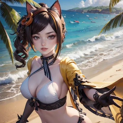 Chiori_(genshin impact), 1 girl, ornament hair, swim suit, gloves, wave hair, brown hair, beach scene, sea on focus, yellow swim suit, more details on her clothes, sea, night, smiling, ornament hair, long hair, palm trees, Looking at the viewer, flowing ha...