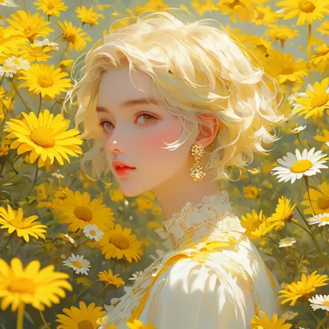 highest quality, masterpiece, girl, yellow short hair, slightly curly hair, yellow earrings, collar, (yellow and white clothes),...