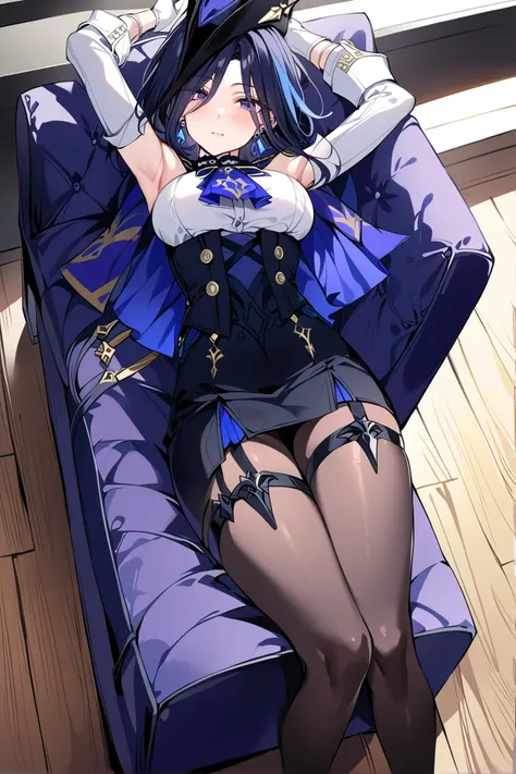 anime - style image of a woman in a blue dress sitting on a purple couch