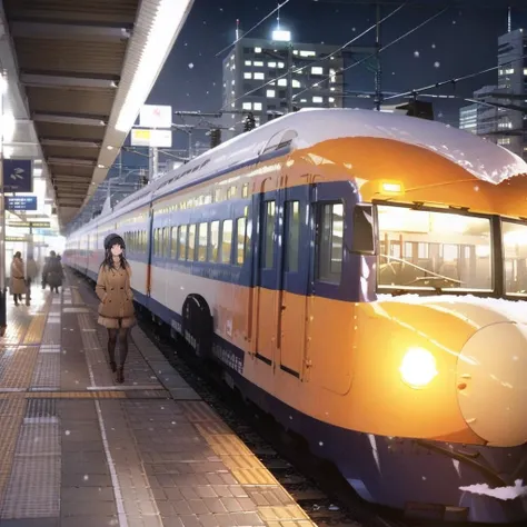 Kintetsu Vista Car、Double-decker train, outdoors, (vehicle focus), train station, window,snow,night,building,Leading vehicle,(headlight),signboard,1girl,,smile,open mouth,winter outfit,middle,black longhair,ultra-detailed,masterpiece,best quality