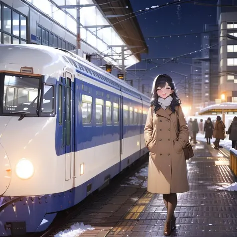 Kintetsu Vista Car、Double-decker train, outdoors, (vehicle focus), train station, window,snow,night,building,Leading vehicle,(headlight),signboard,1girl,,smile,open mouth,winter outfit,middle,black longhair,ultra-detailed,masterpiece,best quality