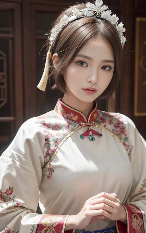 Traditional Chinese costumes、Chinese clothing、
Decorated with intricate details、Complemented by brightly colored feathers and unique fabrics、
rest、
（great wall of china）、Very thin face、Attention to detail、double eyelids、beautiful thin nose、sharp focus:1.2、...