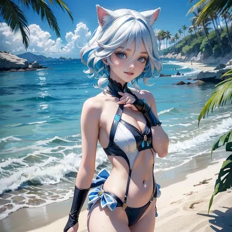 Furina(genshin impact), 1 girl, ornament hair, swim suit, gloves, wave hair, white hair, blue hair, medium hair, beach scene, sea on focus, white swim suit, more details on her clothes, sea, night, smiling, ornament hair, long hair, palm trees, Looking at ...