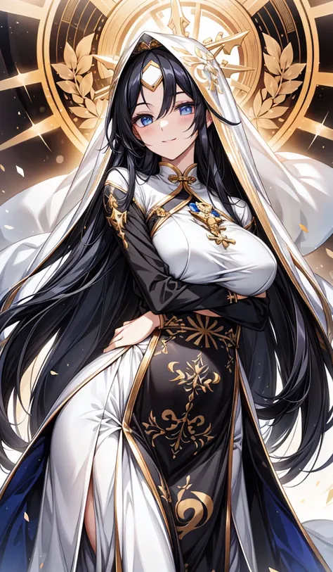 White Chinese Dress. Shiny long black hair, A benevolent smile, 30 year old nun.(White Veil),Gold cross around neck, Dark blue eyes,, Shapely large breasts , Beautiful breasts,