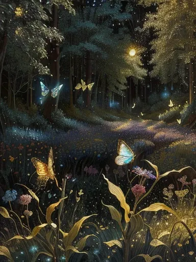 there are many butterflies flying over a field of grass, among wonderful golden fireflies, among golden fireflies, inspired by Ida Rentoul Outhwaite, gold leaf painting, field of flowers at night, firefly forest at night, night in the forest, touches of go...