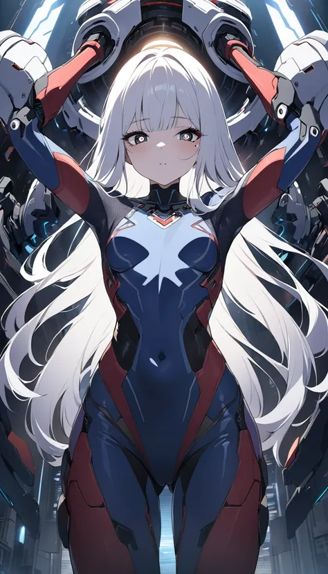 white hair, bangs, long hair, mole under eye, symbol-shaped pupils, cinematic lighting, chiaroscuro, textured skin, masterpiece, high details, super detail, A scene from a science fiction movie. A soldier who works in a city on a different planet from Eart...