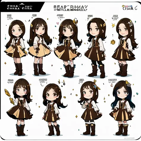 a child character with long brown hair and bangs, golden eyes and wearing a childs dress and brown boots, different angles, in the style of Miraculous Ladybug, character sheet, white background --ar 4:2, character poses，​masterpiece、top-quality、ultra-detai...