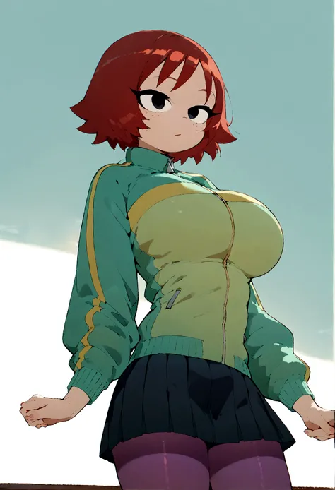 anime artwork, score_9, score_8_up, score_7_up, score_6_up, score_5_up, score_4_up, big breasts, kim pine, red hair, short hair, black eyes, freckles, green track jacket, black skirt, purple pantyhose