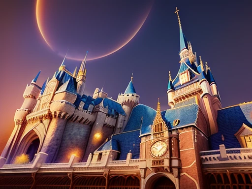 there is a clock on the tower of a building with a clock on it, fairy tale place, castle setting, medeival fantasy town, background is disneyland castle, disney land, castle, in disney, disney!!, imposing, fantasy village, castle towers, disney colors, the...