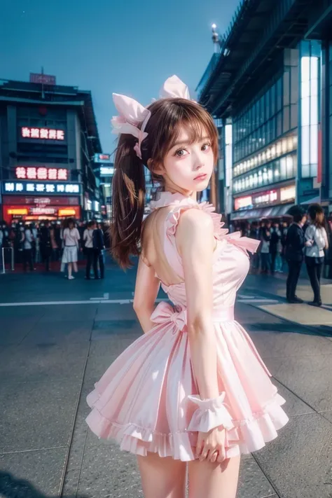 Magical_Girl_Costume),(Chibi:0.5),Pink short twin tails,Bow,Open shoulder dress with frills,Ribbon on the back of the neck,White gloves,Red gem in the middle of the collarbone) Standing with a lost and confused face, Showing the viewer the whole body, Brea...