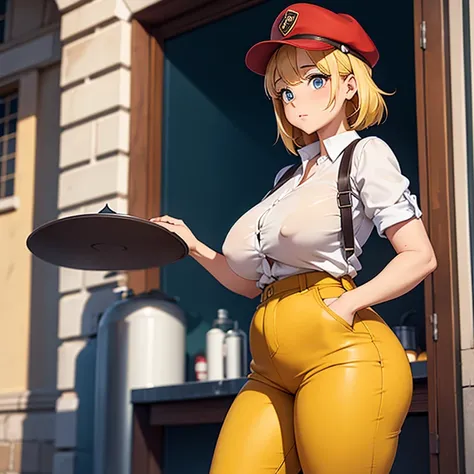 1femme, gros seins, gros cul, cuisses épaisses, Porter une casquette rouge d’uniforme de restauration rapide, Porter une chemise jaune d’uniforme de restauration rapide, porter un pantalon d&#39;uniforme beige, porter des chaussures en cuir noir, cheveux n...