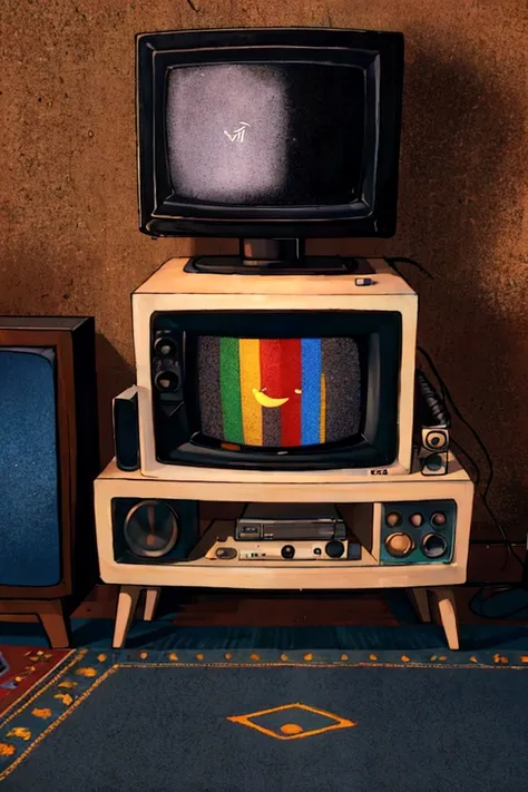 man with tv head sitting on the carpet in his living room watching a tv. tube tv, shelf with several cassette tapes, a vcr and a...