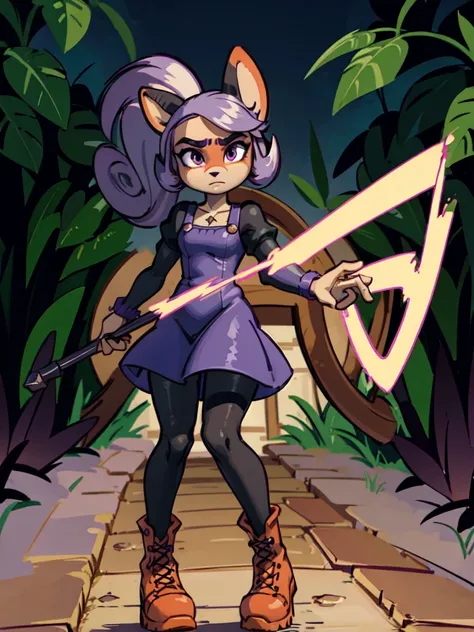 A dark anthro bandicoot girl with purple hair, wearing a dark dress, skirt, tights, and combat boots,