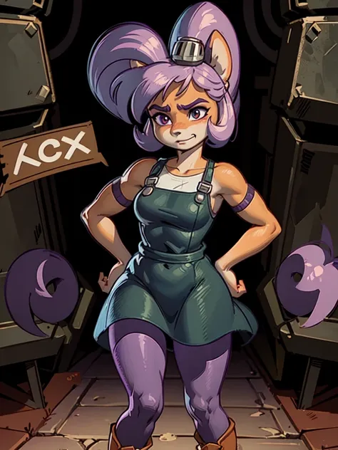 A dark anthro bandicoot girl with purple hair, wearing a dark dress, skirt, tights, and combat boots,