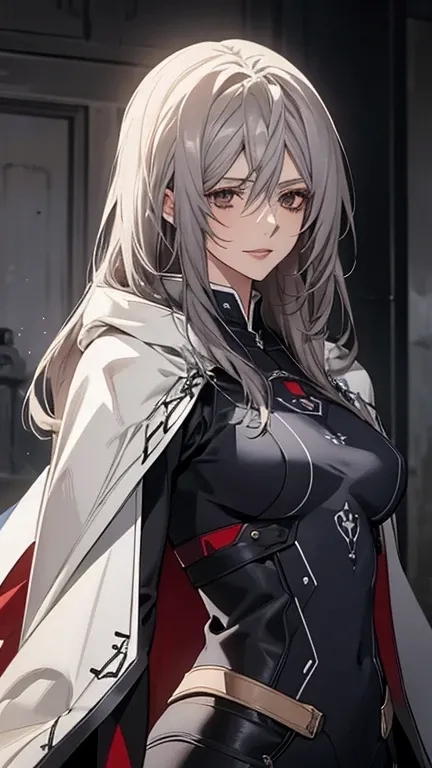 (Confused, High resolution, Very detailed), 1 female, Silver Hair,Long Hair,Reddish brown eyes,Blue and black pilot suit,24th generation,beauty,mature,thin,quiet,Calm,sofa,,Looks happy,White long cloak,