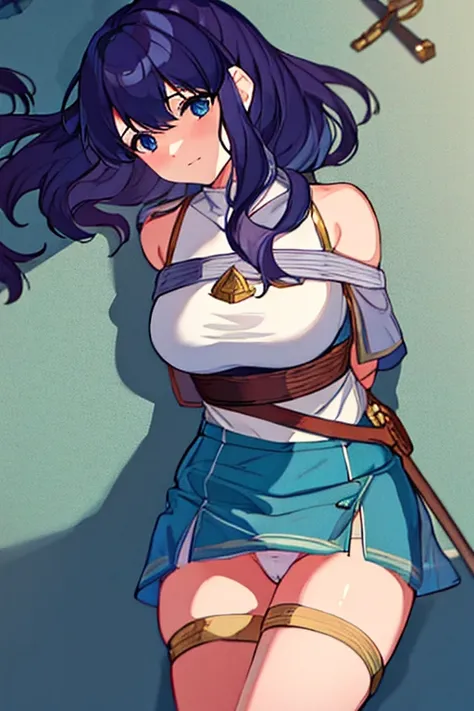 Highest quality、8K、Delicate、Fantasy、Fire Emblem、Blue mini skirt、nsfw、White underwear is visible、Bondage、Hands behind back、Lock、handcuffs、Lying on the floor、Dark basement、Torture device in the background