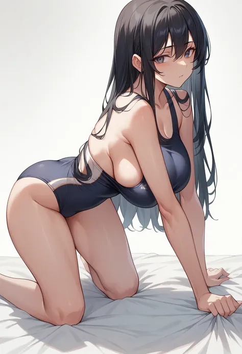 masterpiece,Highest quality,High resolution,shape,Very detailed,8k CG wallpaper,One Girl,Ray Tracing,Beautiful breasts,Long black hair, Black oversized swimsuit,White background,Waistline,Body facing left,On all fours,Sideboob,Big Breasts,