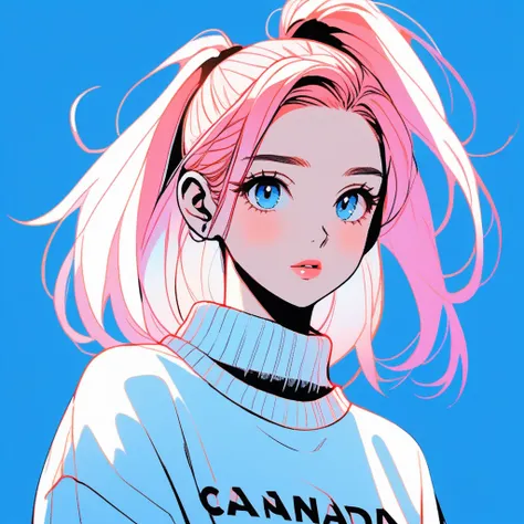 Illustration Style, anime , Realistic ,sketch , 1 Girl, ,lip, sweater,order, Blue gradient background, Neon Hair,ponytail,Textured Crops, Canadian, (masterpiece,Highest quality)