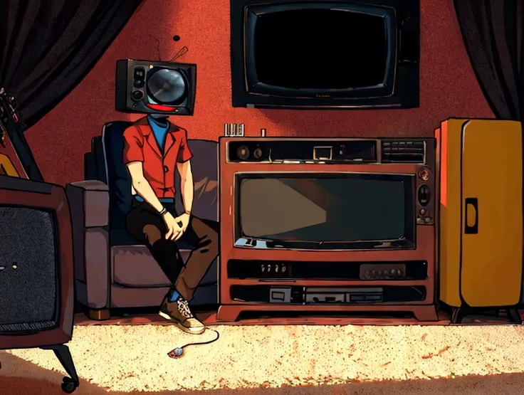 man with tv head sitting on the carpet in his living room watching a tv. tube tv, shelf with several cassette tapes, a vcr and a...