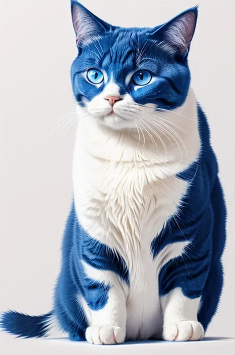 Draw a fat blue-eyed cat sitting in simple acrylic on a white background.