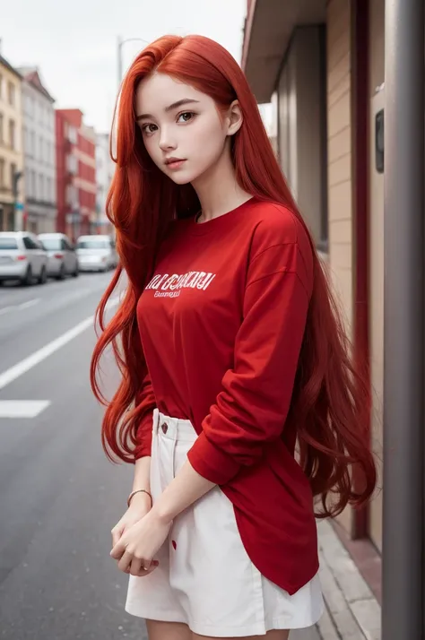 An 18 year old girl with long red hair and a long red shirt 