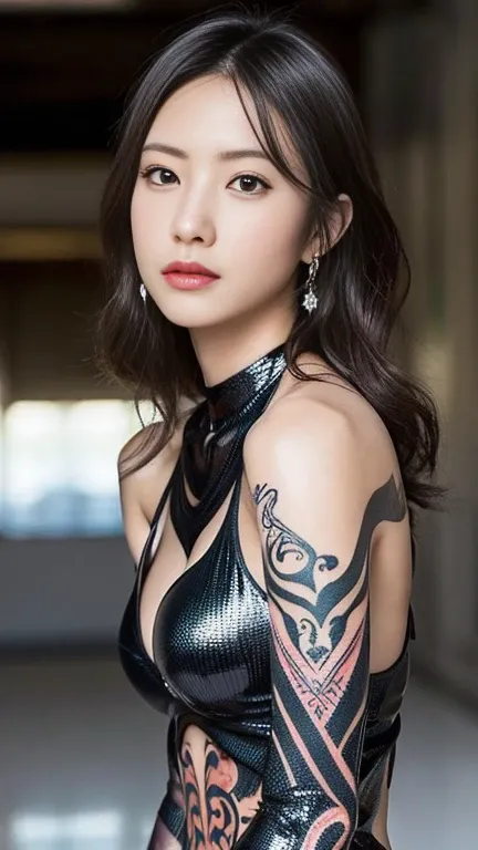 Anime-style woman, thin, thin, whole body, Full of tattoos, Lots of earrings, Beautiful and shiny hair, Rainbow Eyes, Slanted Eyes, Wavy Hair, Kind and charming, shoulderを露出させる, Delicate and sexy collarbone, Attractive oval face, double eyelid, Pink Lips, ...